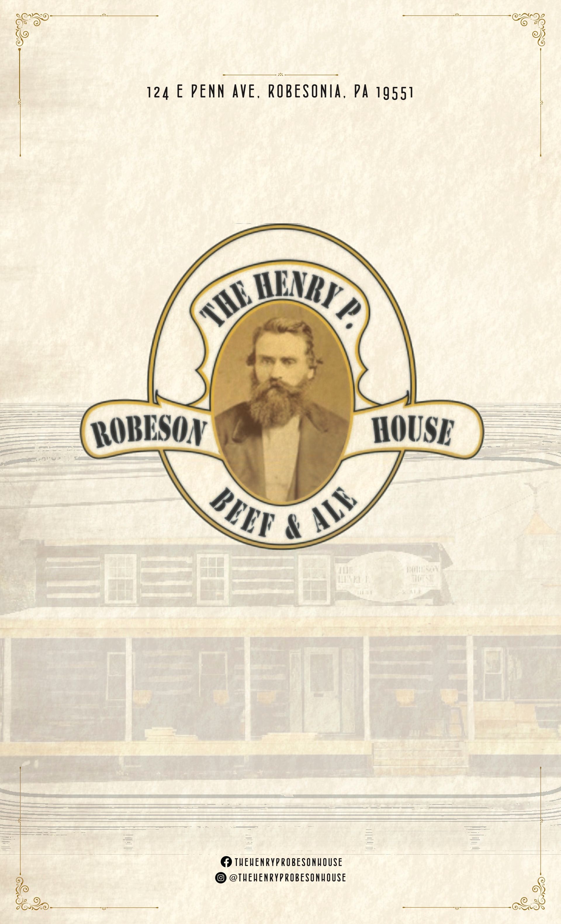 Vintage sepia Robeson House coffee ad with bearded man logo and storefront backdrop
