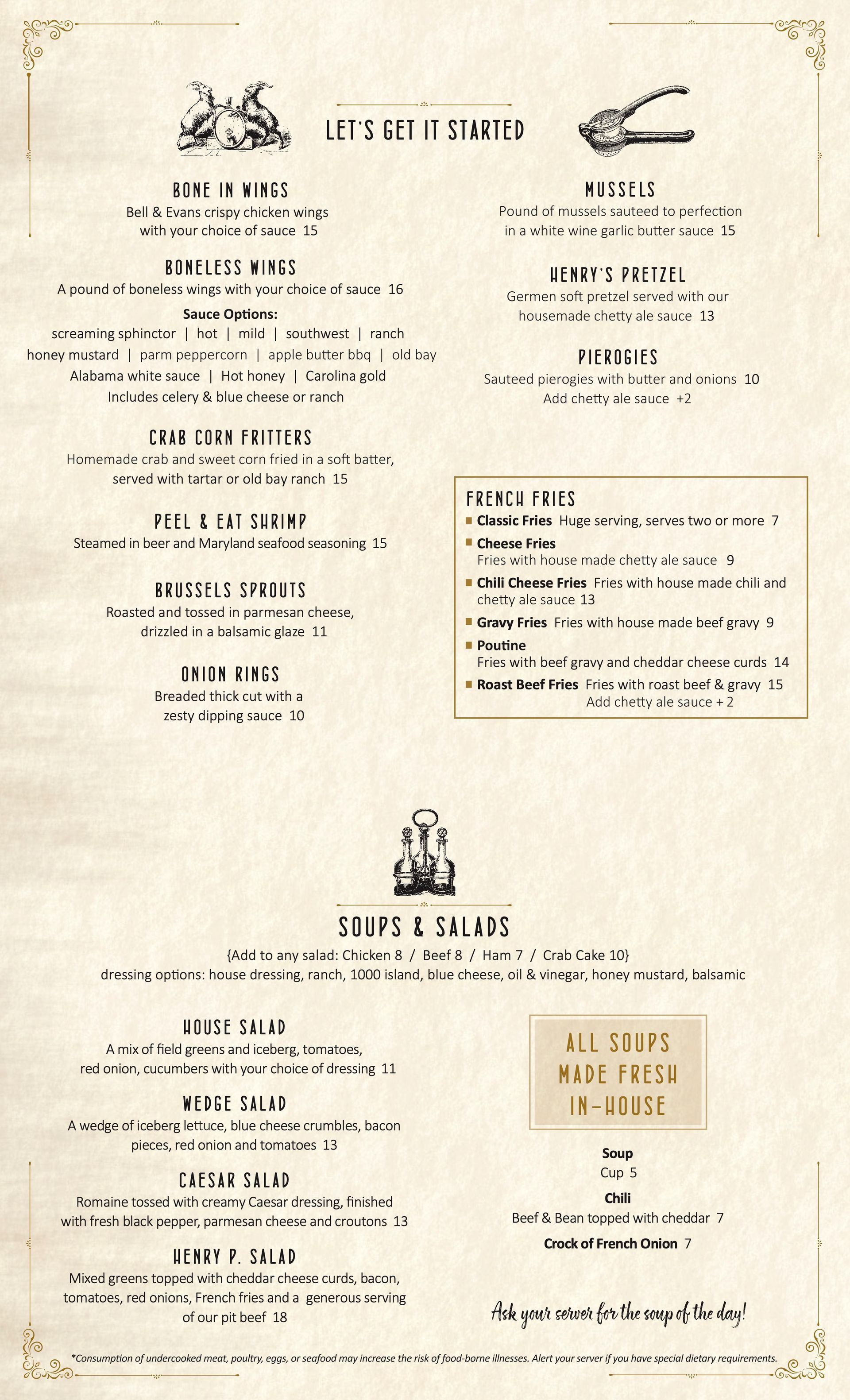 Sepia page with two-column menu text and small decorative illustrations, resembling a vintage restaurant menu.