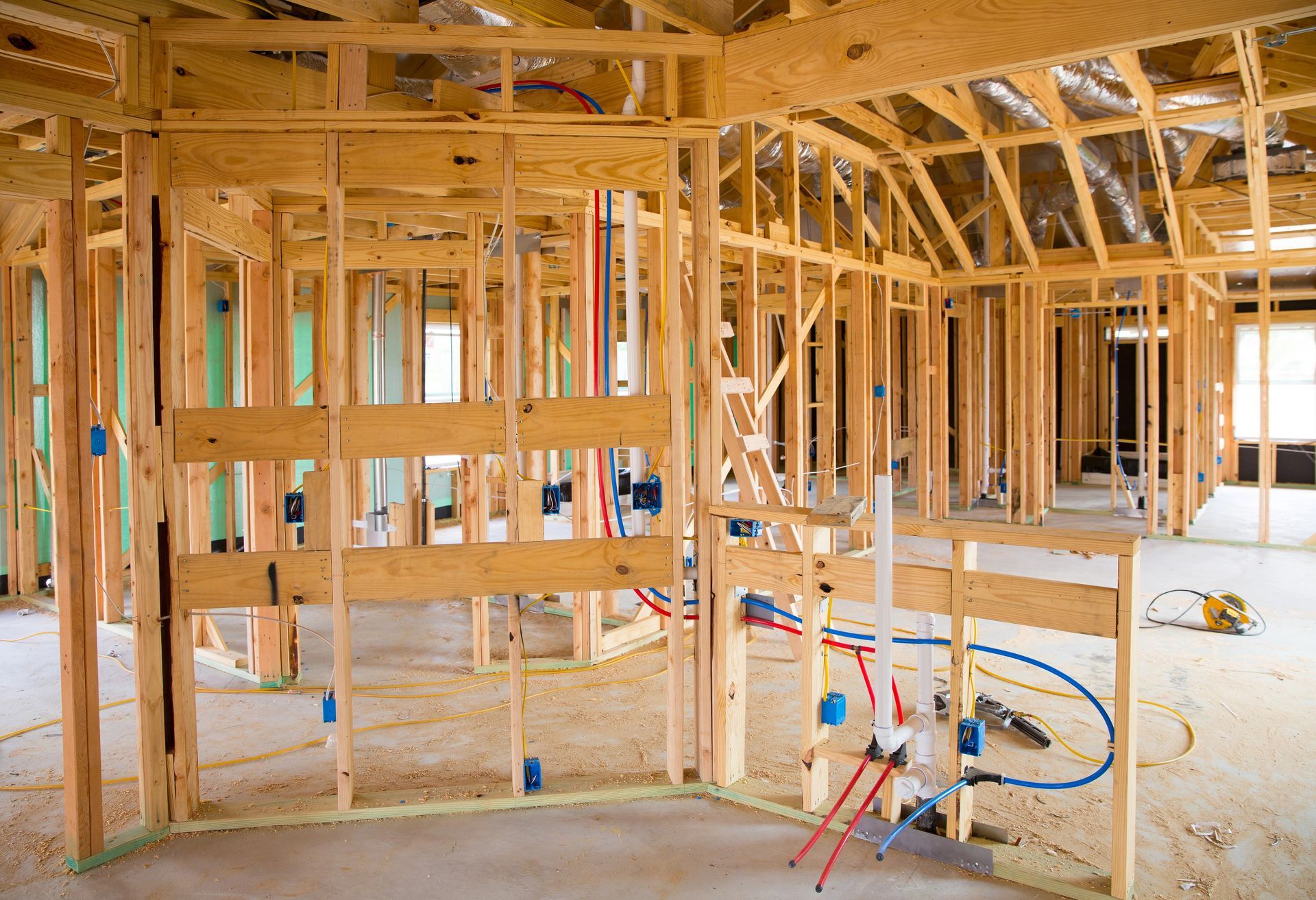 A new home build at the framing stage in Beloit, Wisconsin