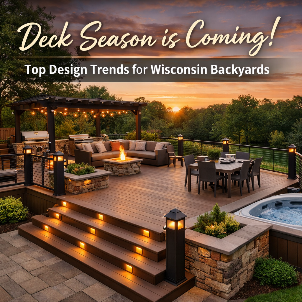 Modern Wisconsin backyard deck at sunset with pergola, fire pit, dining area, hot tub, and built-in 