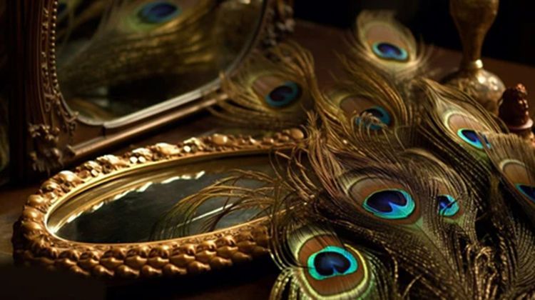 Gold-framed mirrors with peacock feathers. Gold-framed mirrors with peacock feathers.
