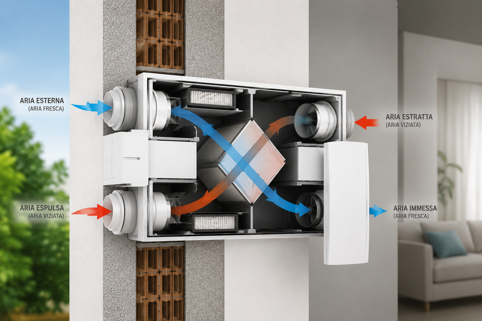 Sezione trasversale di un'unità di ventilazione a parete con frecce blu e rosse che indicano il flusso d'aria e le bocchette di ventilazione etichettate.
