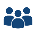 A dark blue icon featuring three stylized human figures, with one centered and slightly in front of two others.