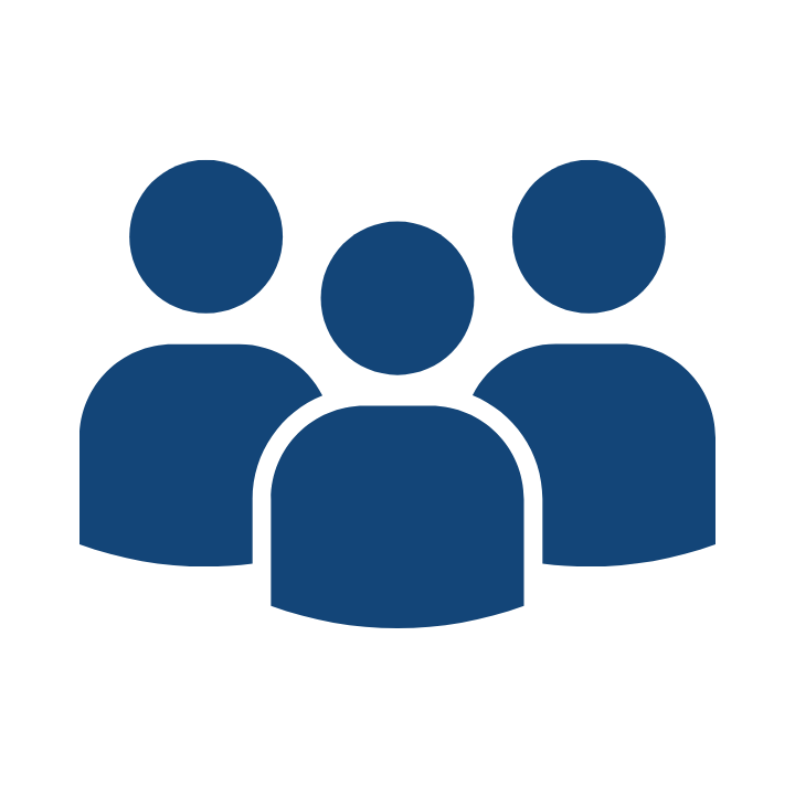 A dark blue icon featuring three stylized human figures, with one centered and slightly in front of two others.