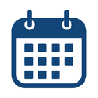 A dark blue icon of a calendar page showing three rows of boxes, representing dates.