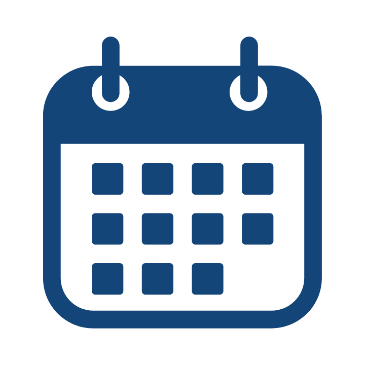 A dark blue icon of a calendar page showing three rows of boxes, representing dates.