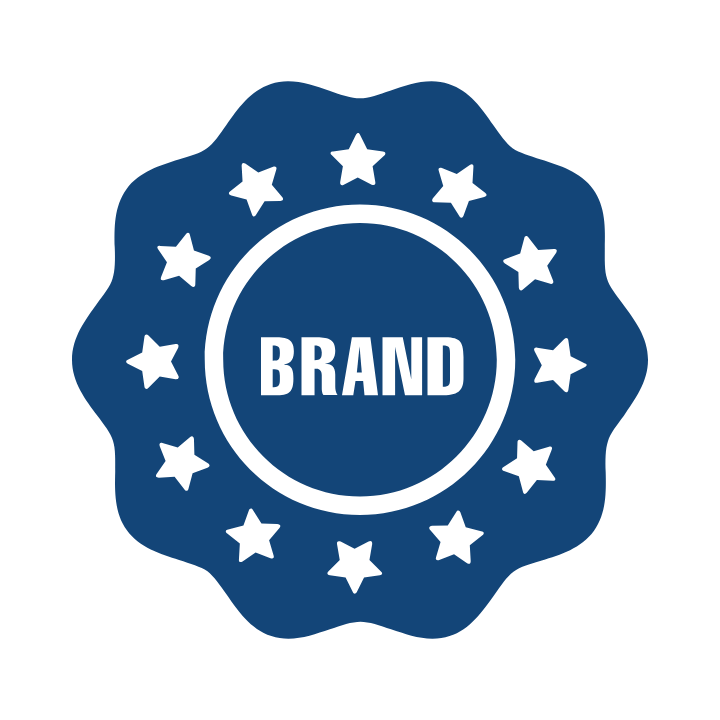 A dark blue, scalloped-edge circular badge featuring the word