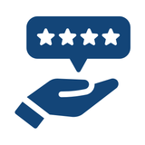 A navy blue icon of a hand holding up a speech bubble containing four white stars.