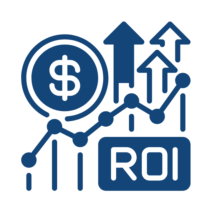 A blue icon showing a dollar sign, upward-trending arrows, a line graph, and a box labeled