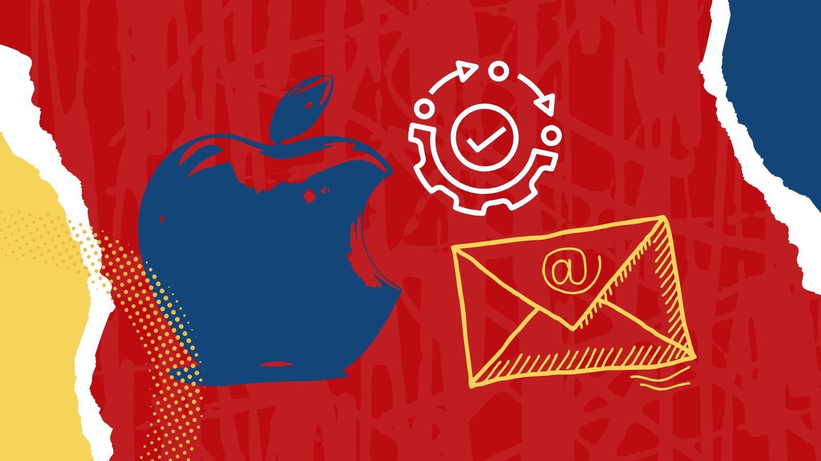 Apple Email Accessibility Changes A red background with a drawing of an apple, an envelope, and a gear.