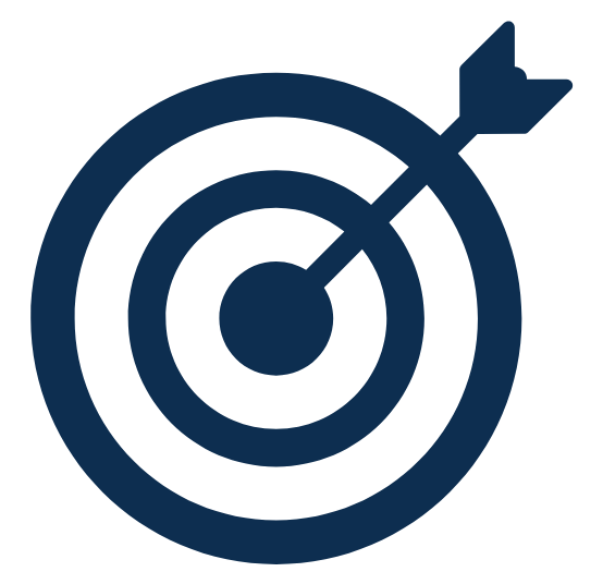 A dark blue icon of a target with an arrow hitting the bullseye.