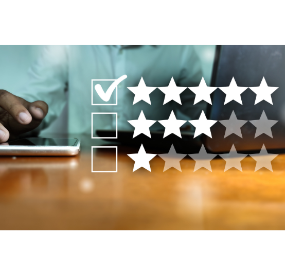 A person using a smartphone with a superimposed graphic of a rating scale, showing a five-star selection.