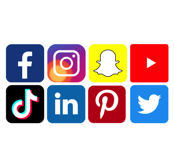 Icons for social media platforms: Facebook, Instagram, Snapchat, YouTube, TikTok, LinkedIn, Pinterest, and Twitter.