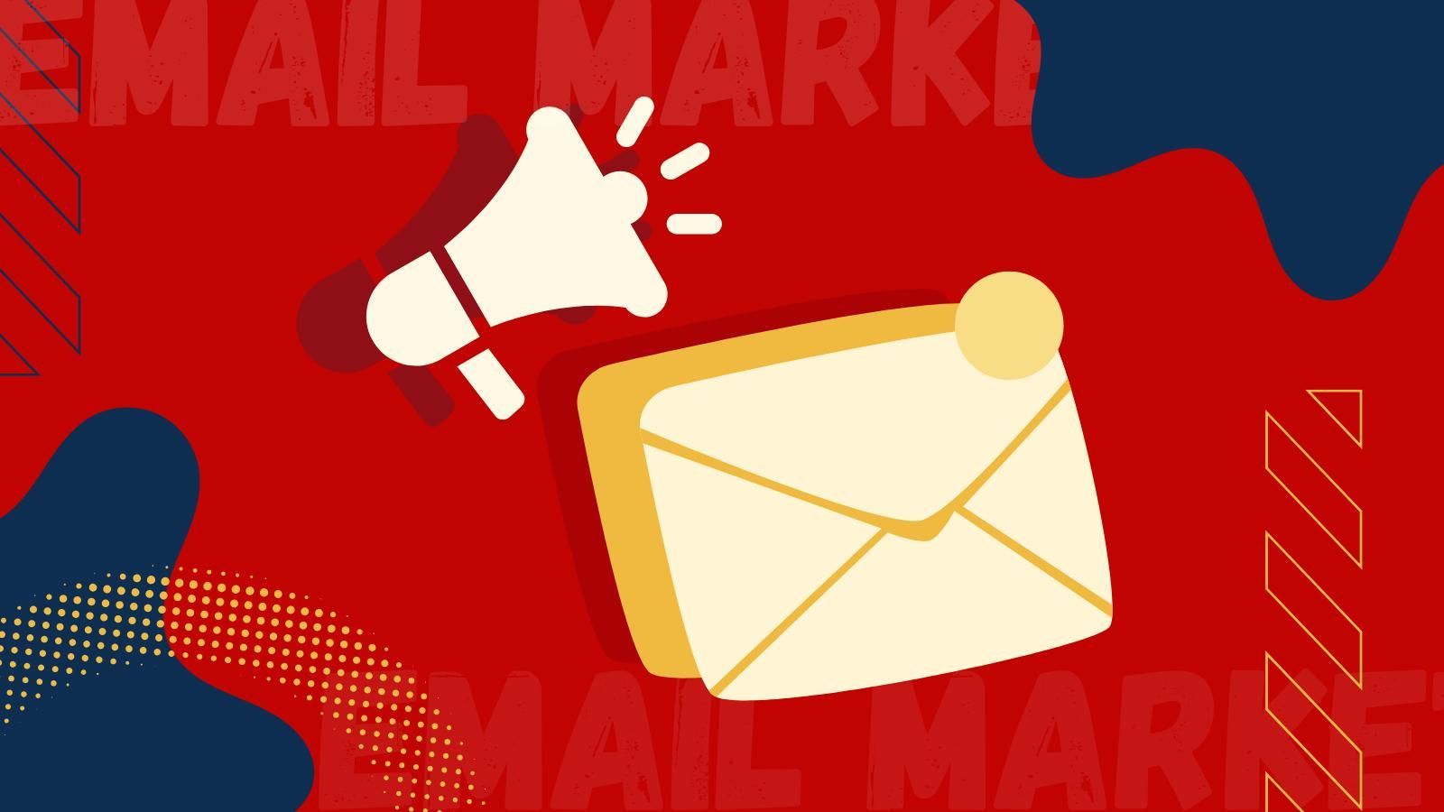 marketing with email An envelope and a megaphone are on a red background.