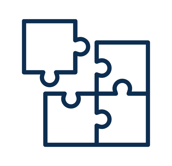 A dark blue icon of four puzzle pieces, with three joined together and one detached in the upper left.