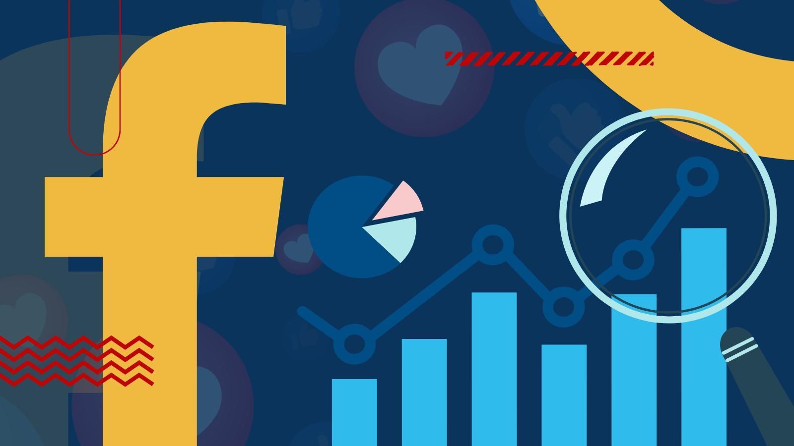 A facebook logo is surrounded by graphs and a magnifying glass.