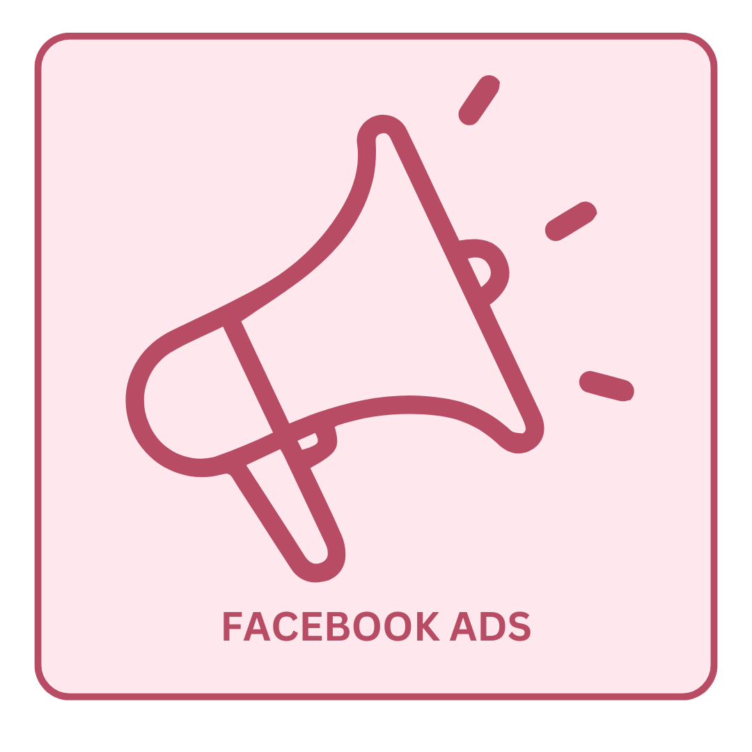 facebook ads A pink icon of a megaphone with the words facebook ads below it.