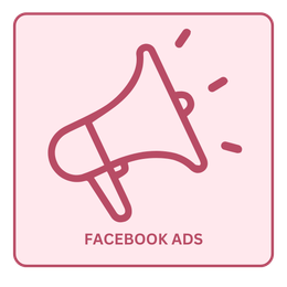 facebook ads A pink icon of a megaphone with the words facebook ads below it.