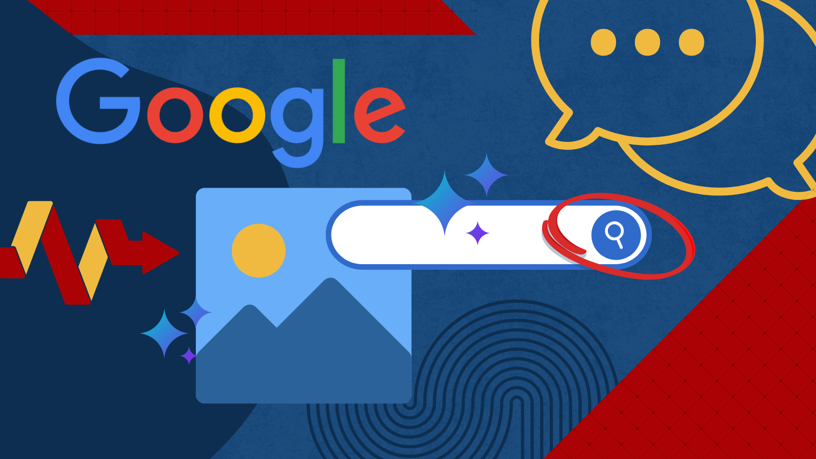 Google AI Mode Google search interface with magnifying glass icon highlighted.