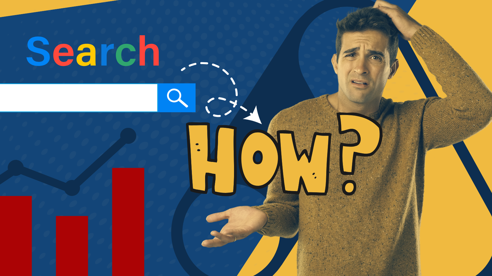 A man is scratching his head in front of a screen that says   search how ?