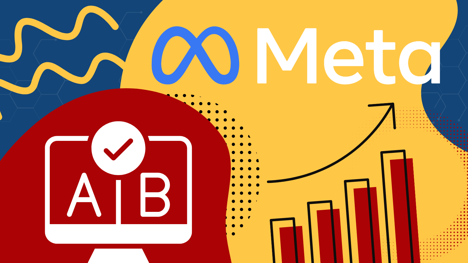 A/B testing graphic with the Meta logo, a rising bar graph, and a screen with a checkmark. Red, blue, and yellow colors dominate.