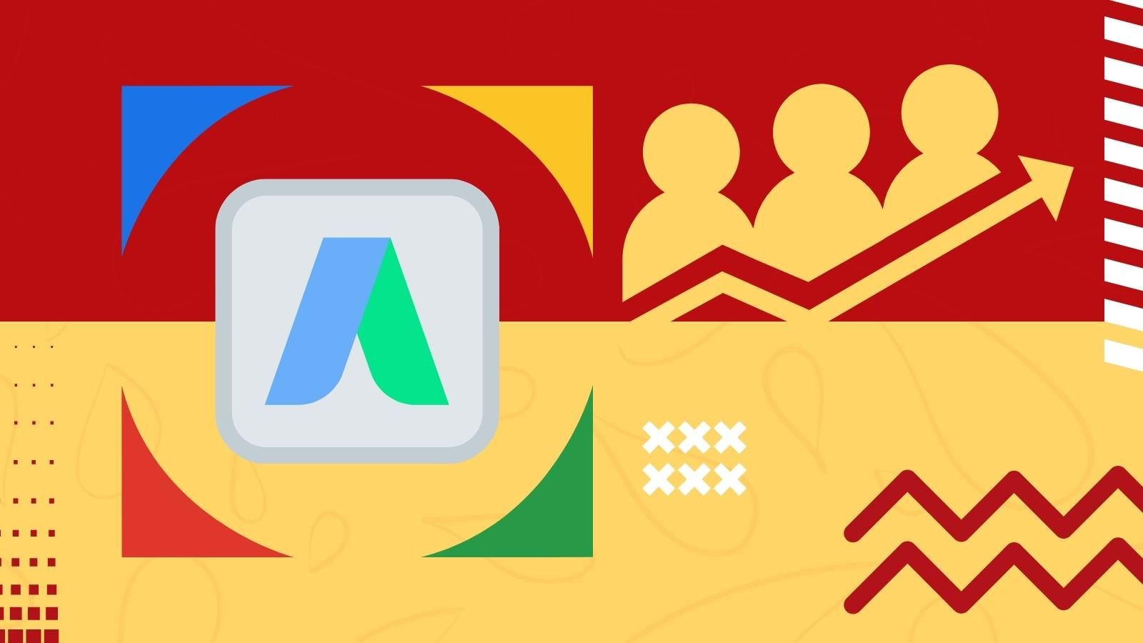 google ads strategy A group of people are standing next to each other on a red and yellow background.