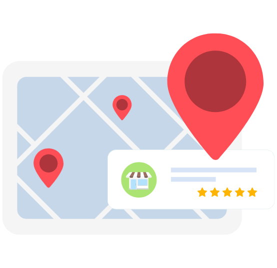 A map with three red location pins and a pop-up window featuring a store icon and a five-star rating.