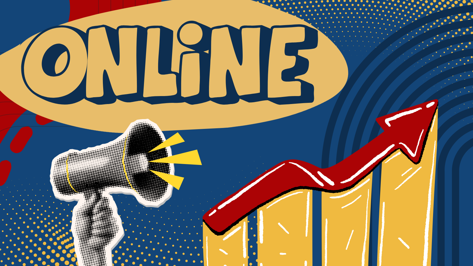 “ONLINE” text with megaphone and rising red chart arrow on blue background