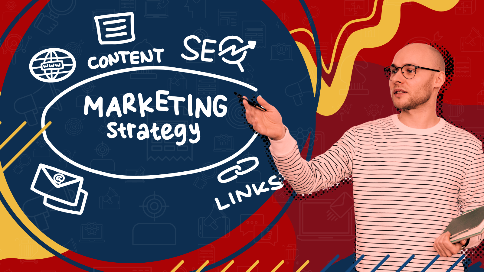 Person presenting a chalkboard labeled “Marketing strategy” with icons for content, SEO, email, and links.