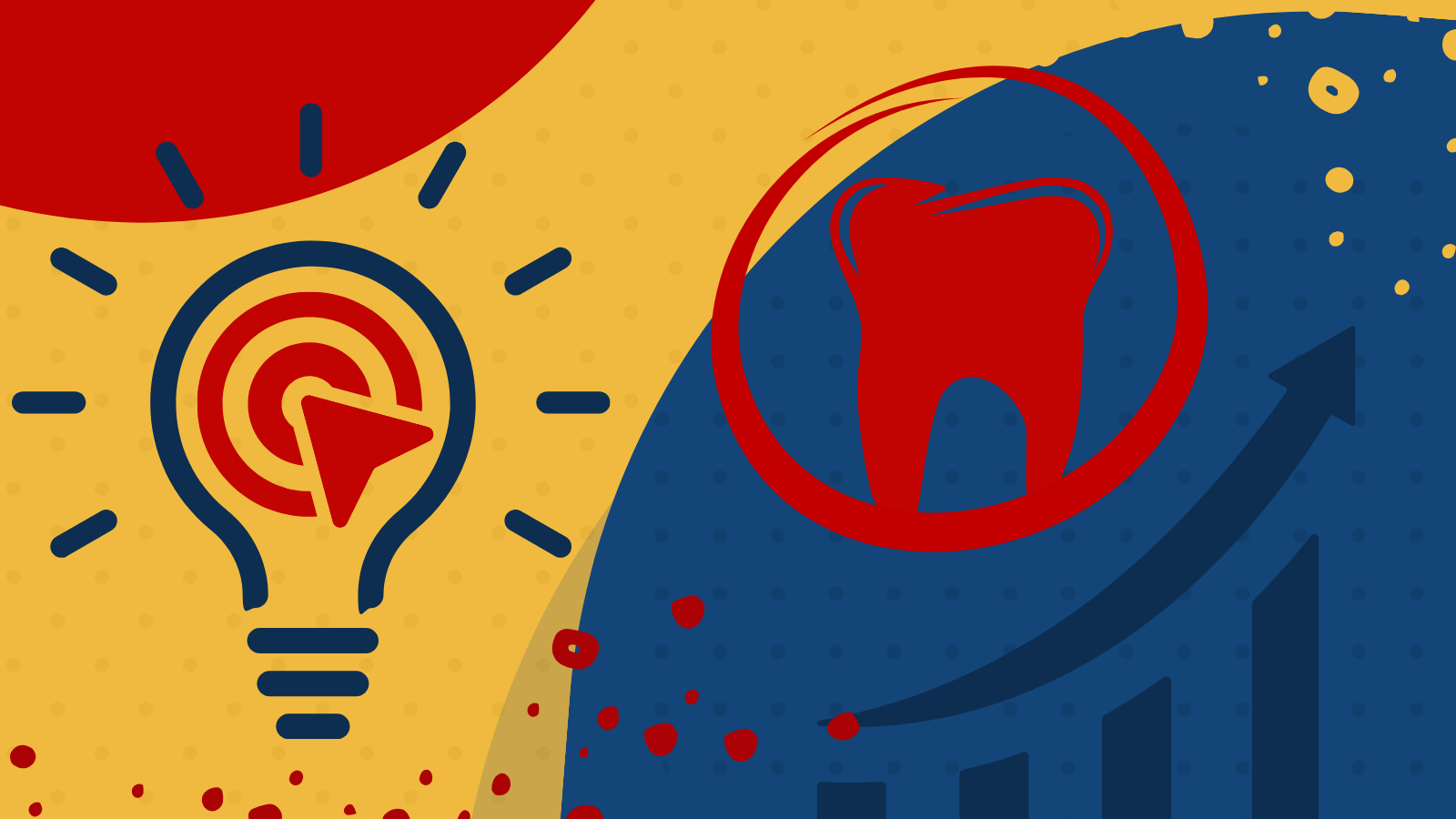 Yellow and blue graphic with lightbulb targeting a cursor and a red tooth with an upward arrow.