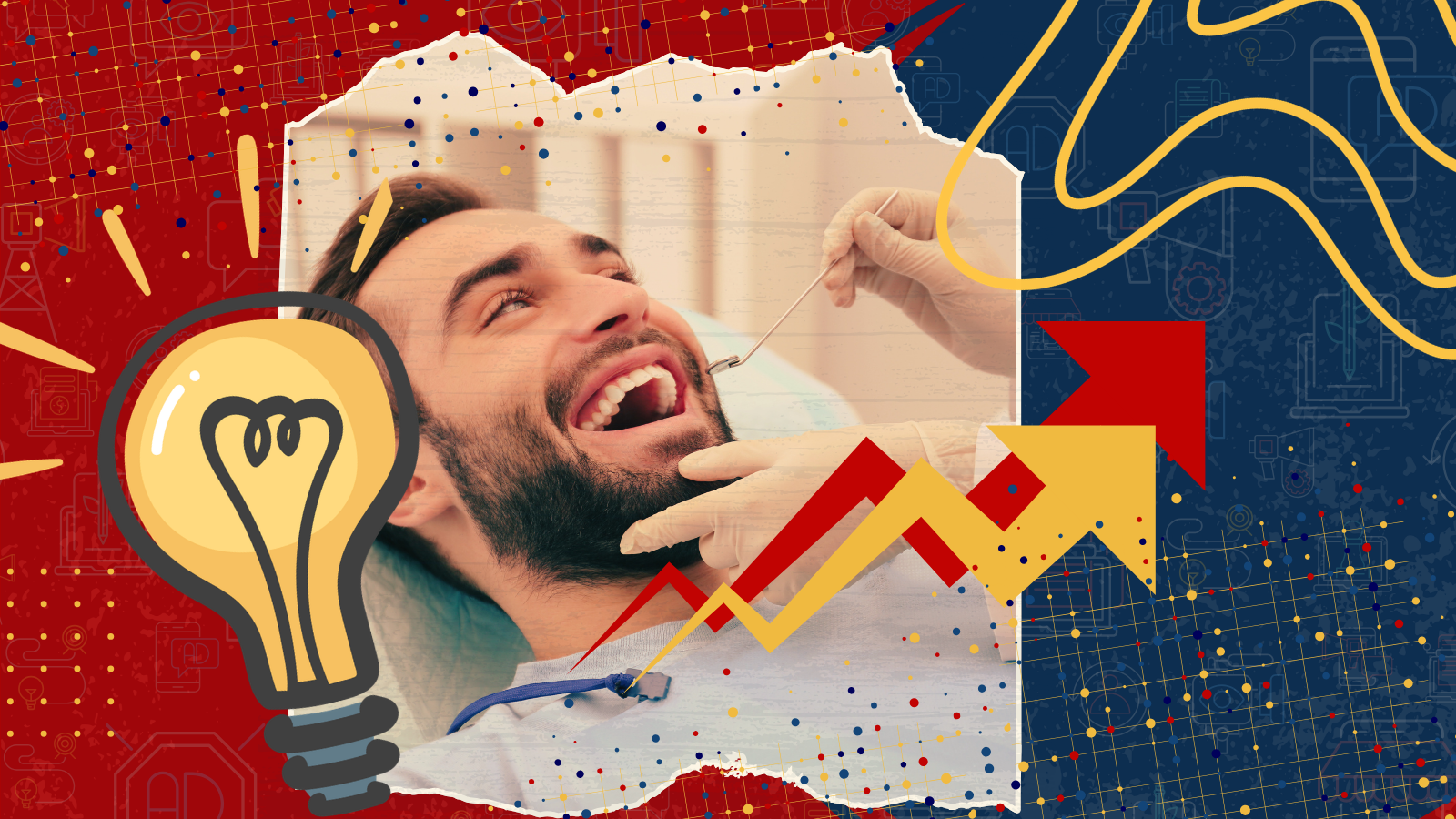 Smiling man reclining beside a lightbulb icon, rising chart arrow, and red-blue business graph background
