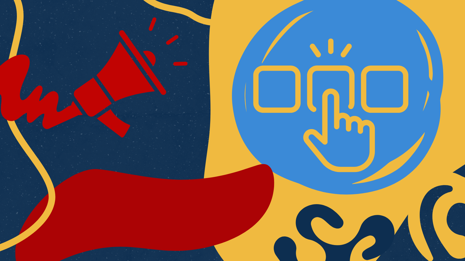 Google Ads agency for dentists A red megaphone on a blue background next to a yellow circle containing an icon of a hand clicking a square button.