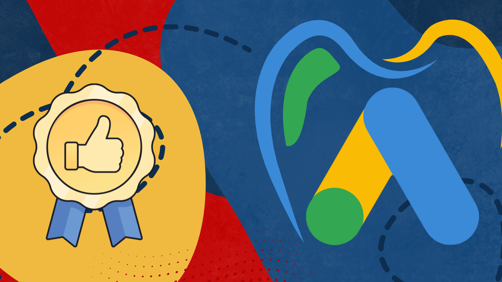 A yellow circular icon with a thumbs-up award badge next to the Google Ads logo against a blue, yellow, and red background.