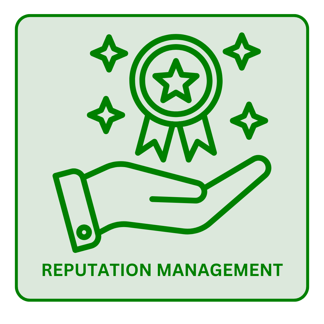 reputation management A green icon of a hand holding a medal with a star on it.