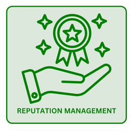 reputation management A green icon of a hand holding a medal with a star on it.
