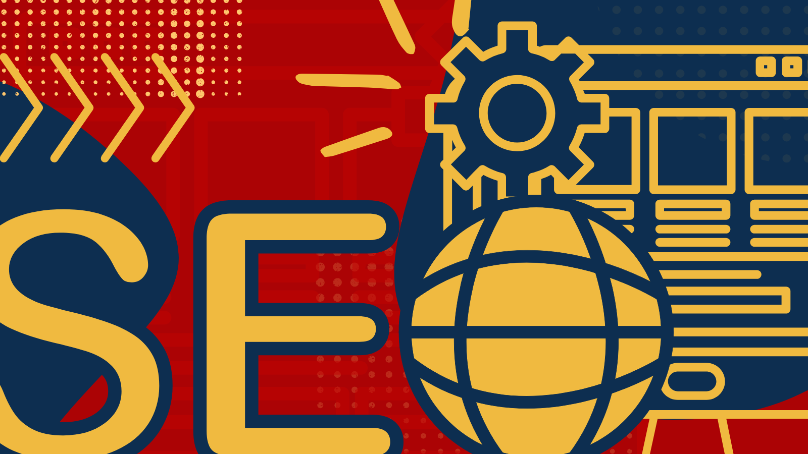An illustration of a globe , gear , and the word seo on a red and blue background.