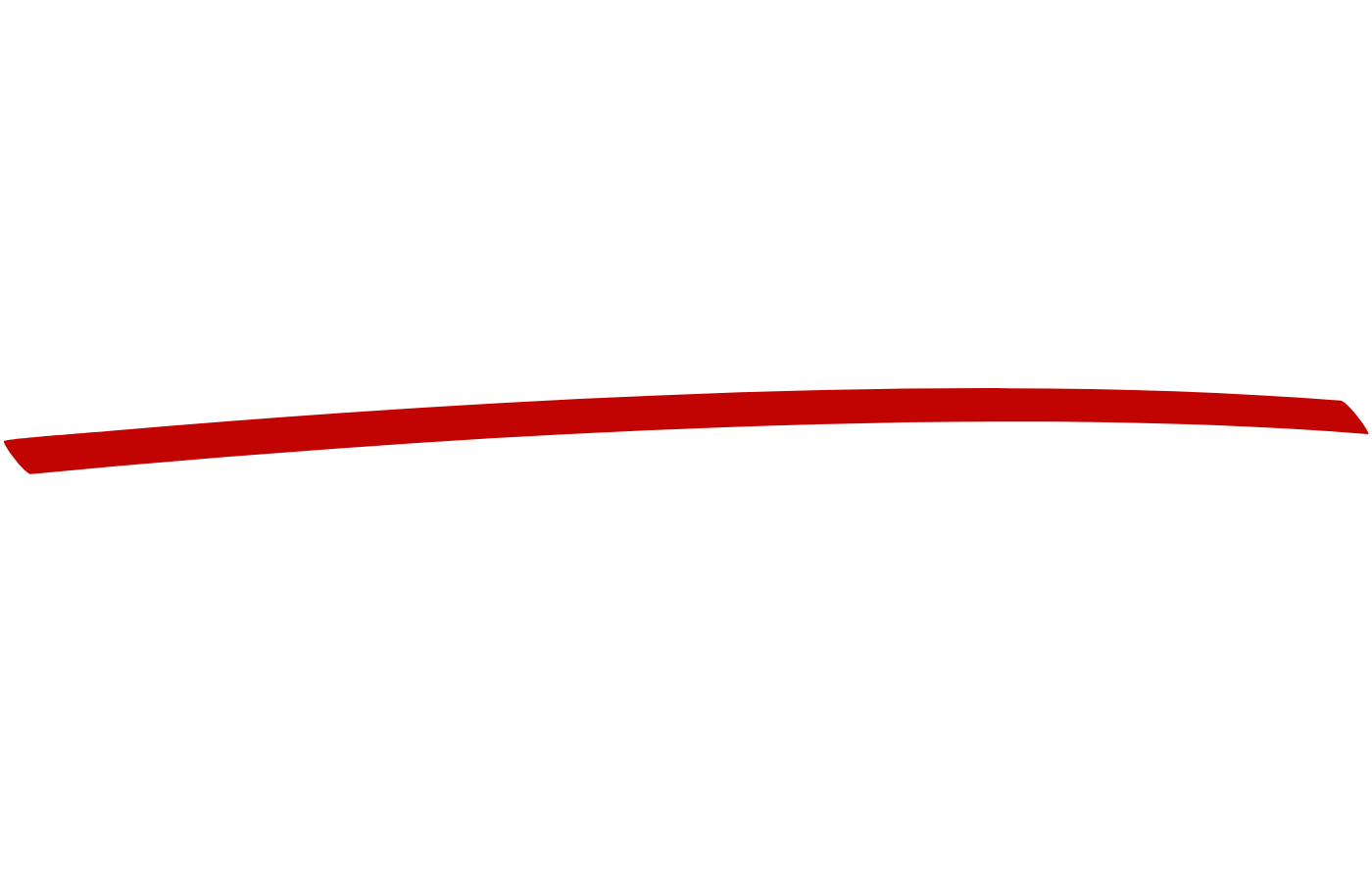 A thin, horizontal red line that curves slightly, isolated on a white background.