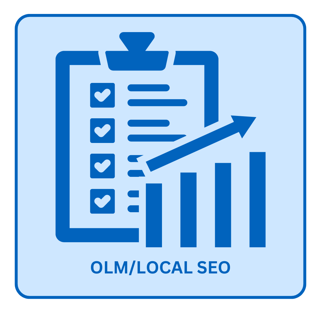 online listings An icon for olm / local seo with a clipboard and a graph