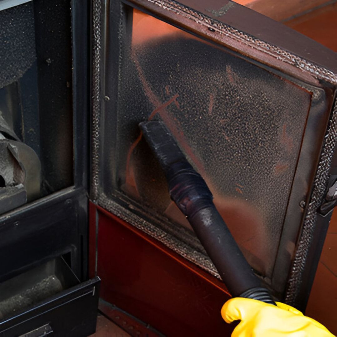 une personne portant des gants jaunes nettoie une cheminée avec un aspirateur