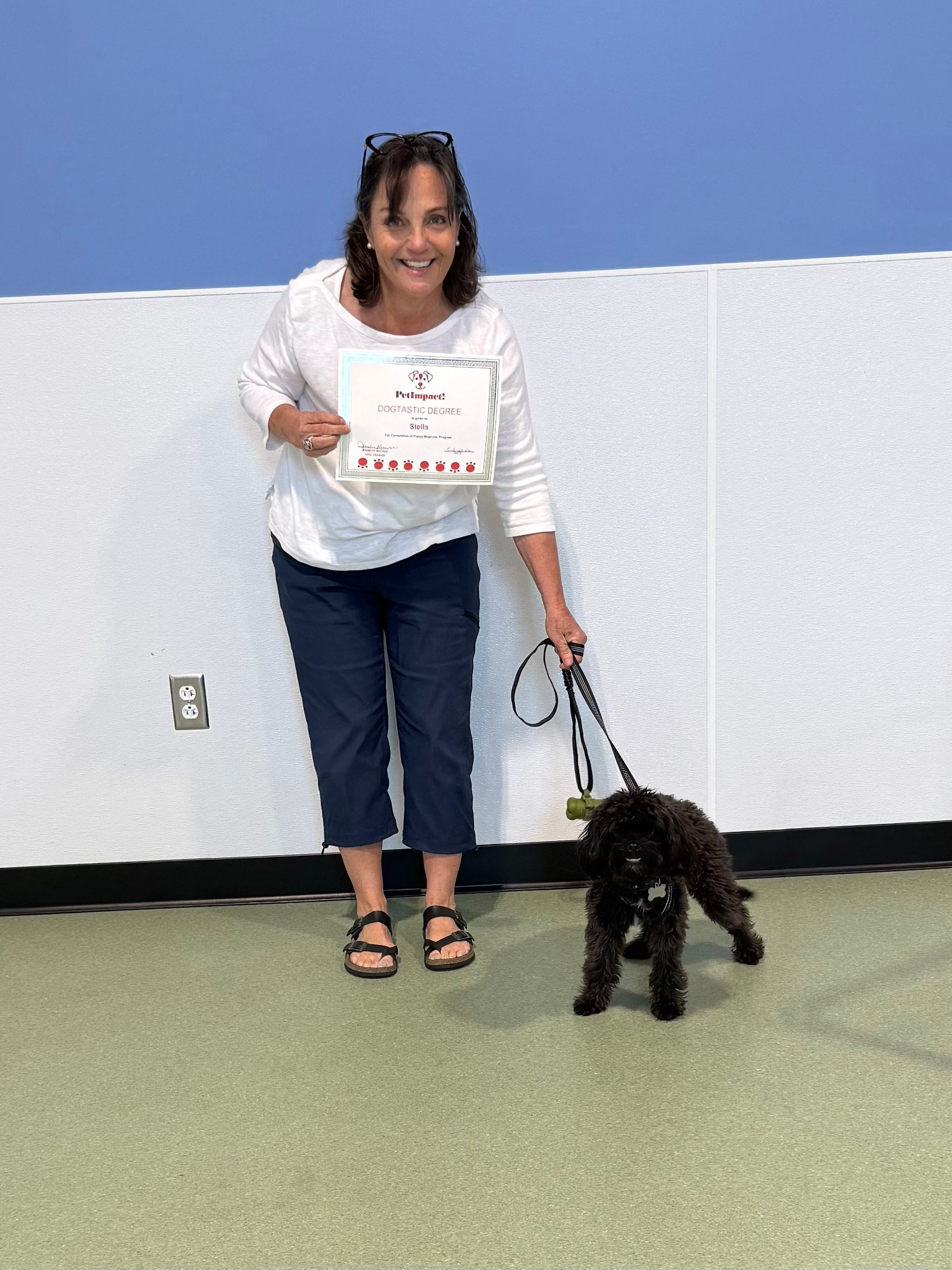 Woman holding a certificate and leash with a small black dog indoors, smiling against a blue-and-white wall