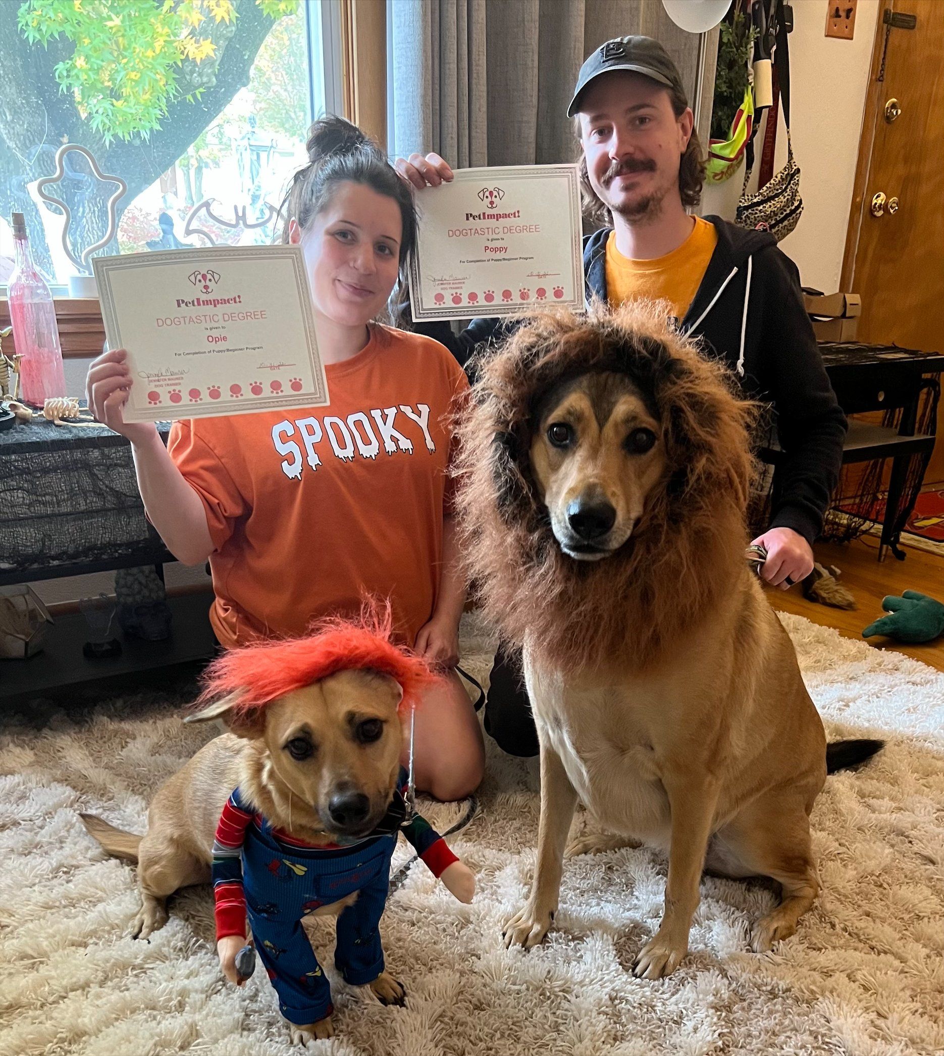 Two dogs dressed in costumes with two people holding signs. One dog is
