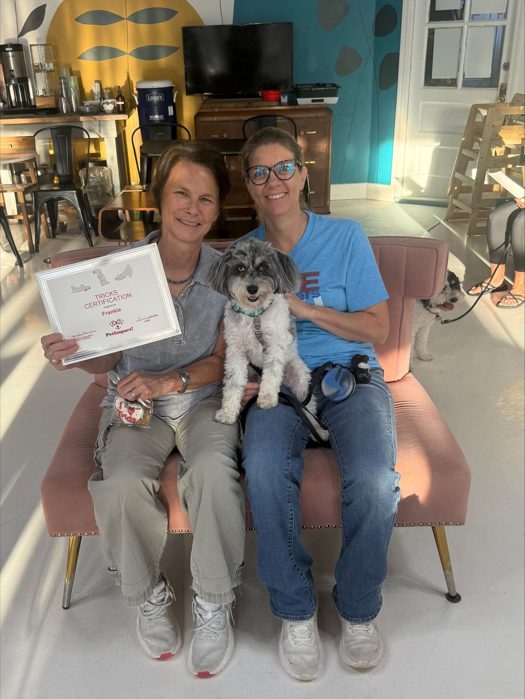 Two people sitting with a small dog, holding a sign, in a cozy room.