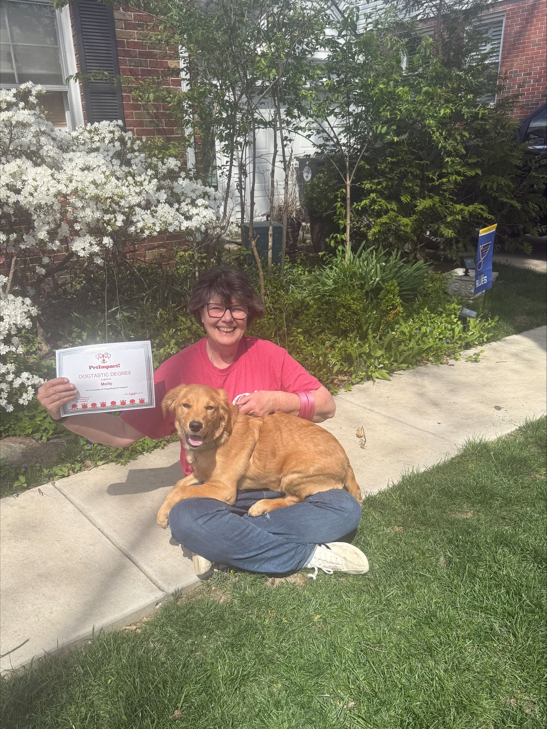 A person in a pink shirt sits on a sidewalk, smiling while holding a small sign and petting a golden-colored dog.