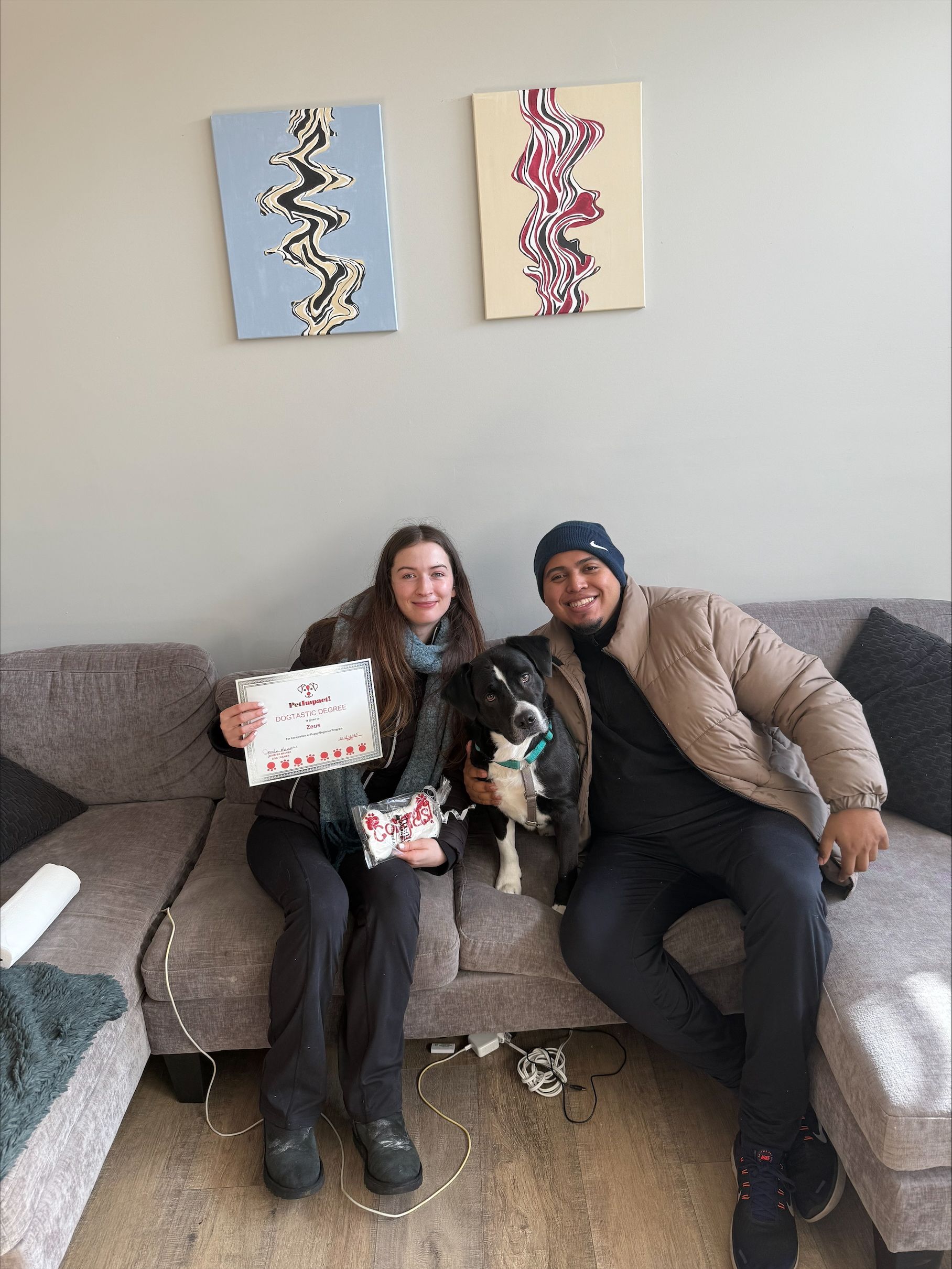 Two people seated on a gray couch holding a small dog, with two abstract paintings hanging above them.