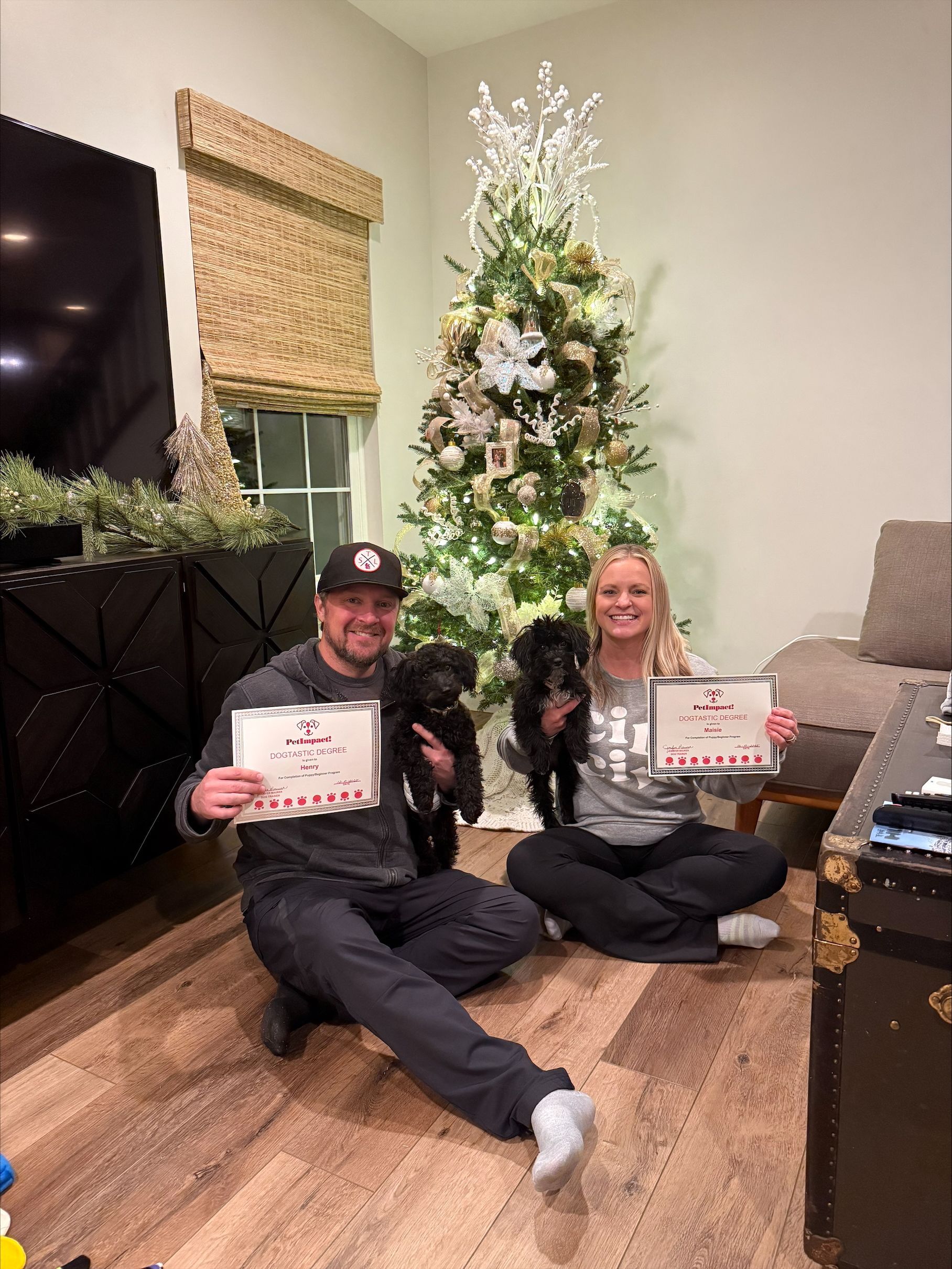 Two people sitting by a Christmas tree, each holding a dog, with framed signs in a cozy living room