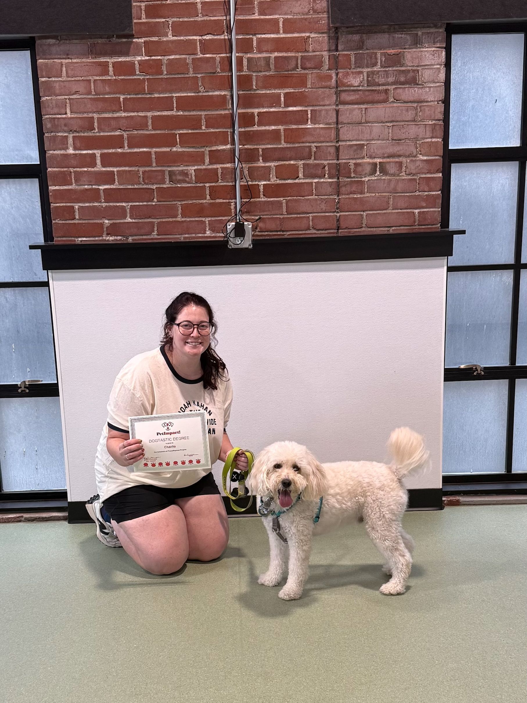 Woman kneeling beside a white dog in front of a brick wall and frosted windows