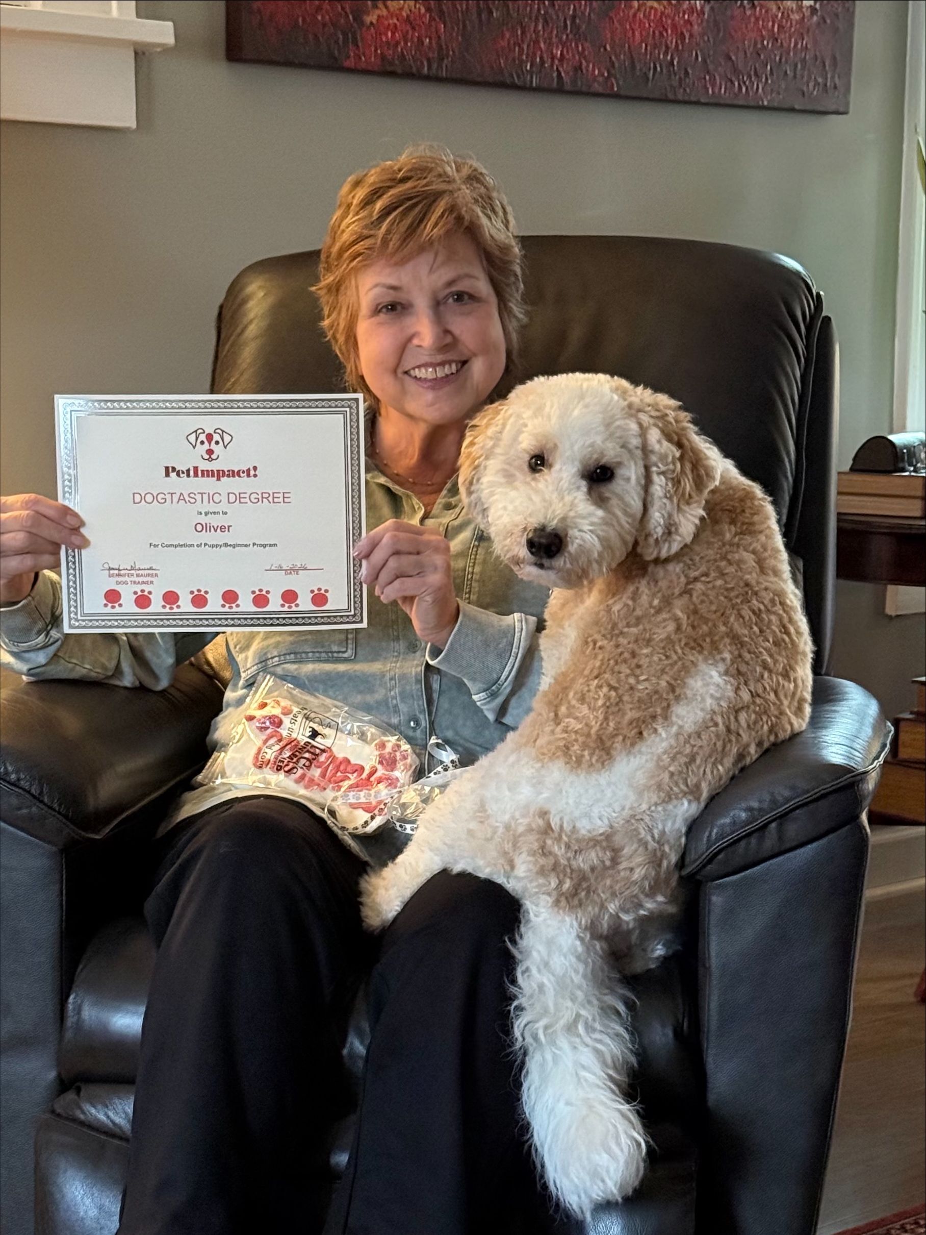 Woman on a chair holding a certificate with a fluffy dog on her lap.