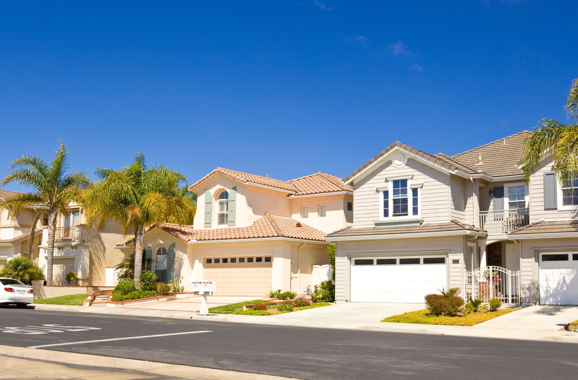 Suburban homes on a sunny day with palm trees and blue sky.