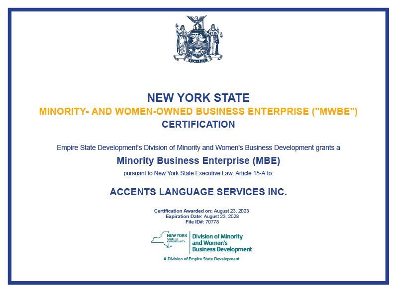 NYS certified as a M/WBE NYS certified as a M/WBE