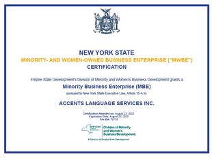 NYS certified as a M/WBE NYS certified as a M/WBE